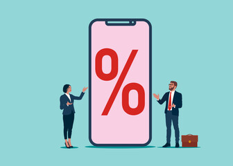 Business presentation in smartphone with percentage future business. Percentage sign, Technology, Presentation. Flat modern vector illustration