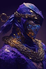 Ninja cyborg buried up to the neck in blue sequins