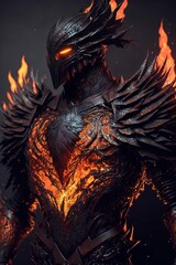 A portrait of a monster with an epic armor of cinder ember lava