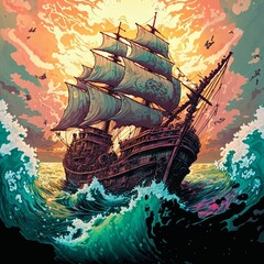 Ship navigating through strange ocean