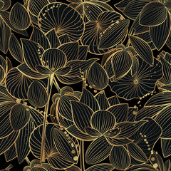 Seamless vector pattern with lotus flowers on a black background. Line art style.	