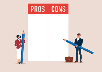 Businessman and partner and list pros and cons. Business advantages and disadvantages. Flat modern vector illustration