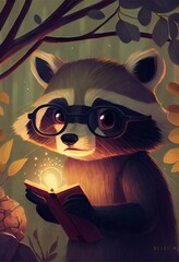 Cute portrait of a racoon reading