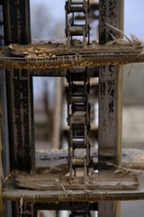 Wheat, after harvest. Whole grain for flour products. Automatic food loading. Modern grain loader and separator of agricultural machinery, agricultural machine working with crop
grain grinder at work