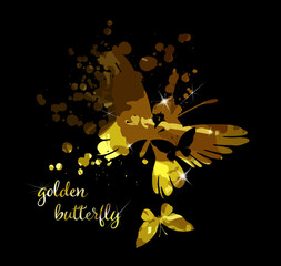 Gold abstract butterfly on black background with reflection. Vector illustration