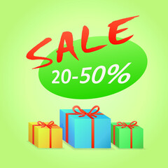 Gift boxes in blue, green and orange with red bows and with the inscription SALE 20-50% on a light green background. Banner with discounts and promotions. Advertisement. Vector illustration.