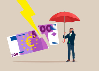 Financial problems. Economic crisis, recession in world. Bad financial condition, high inflation. Huge euro banknote struck by lightning. Flat modern vector illustration