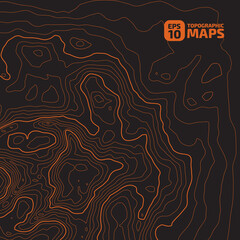 Stylized height CG topographic contour map in contours. Abstract background. Digital copy earth space. Concept of a conditional geography scheme, terrain path. Orange on Black. Vector illustration - obrazy, fototapety, plakaty