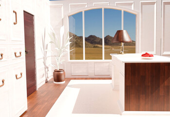 Interior of a modern marble and mahogany room with a work desk. Interior design. 3d illustration