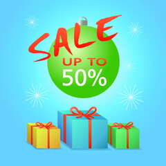 Gift boxes in blue, green and orange colors with red bows and the inscription SALE up to 50% on a green Christmas ball on a blue background. A banner with discounts. Advertisement. Vector illustration