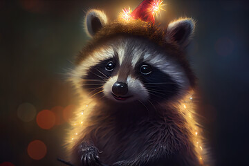 Cute raccoon wearing a Santa hat, wishing happy Christmas - obrazy, fototapety, plakaty