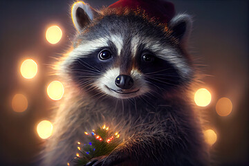 Cute raccoon  wearing a Santa hat, wishing happy Christmas - obrazy, fototapety, plakaty