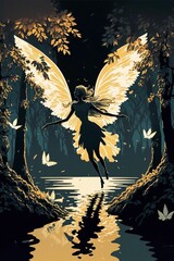 Angel with wings spread ascending from water surface