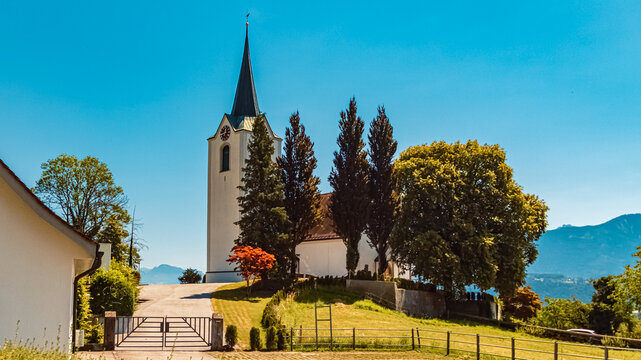 Beautiful alpine summer view with a church at Lienz, Saint Gallen, Switzerland