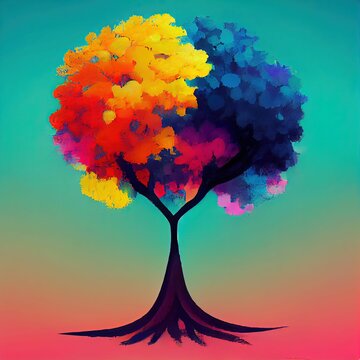 Painting of a colorful autumn tree against a colorful background.