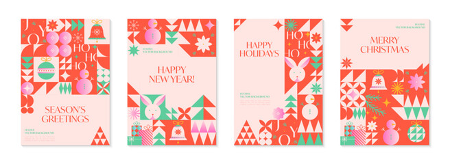 Fototapeta na wymiar Christmas and Happy New Year greeting banners templates.Festive vector backgrounds in bauhaus style.Traditional winter holiday symbols.Xmas trendy designs for branding,invitations,prints,social media