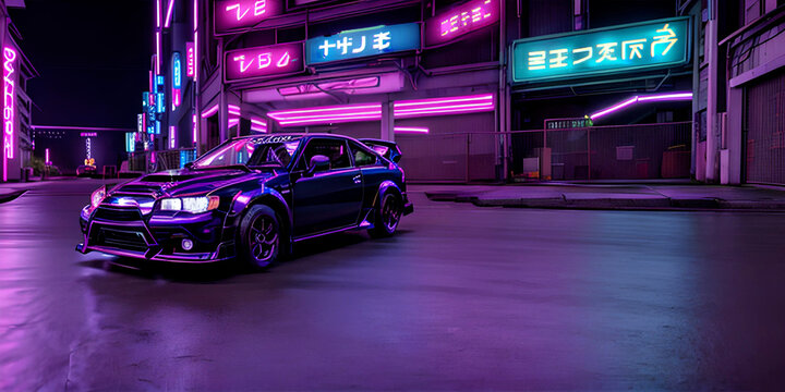toyota ae 8 4 sprinter trueno parked in a cyber punk alley, retrowave, synth colors, photo realistic, 8 k, rain, raytracing, reflections, neon colors, 