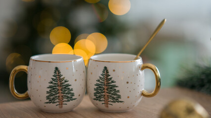 Two New Year's cups on the background of New Year's lights. Cups with New Year's print in the form of a Christmas tree. Decor for a New Year's feast