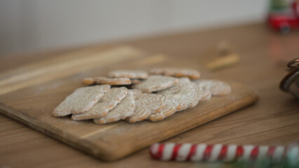 New Year's cookies on the board. New Year's serving. Homemade baking.