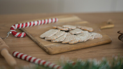 New Year's cookies on the board. New Year's serving. Homemade baking.