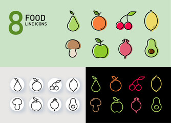 8 food icons, color, black