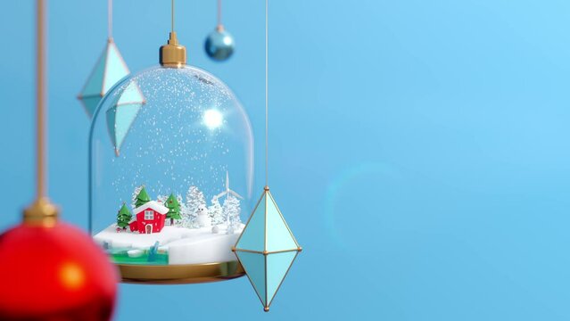 Christmas glass ball snowy town podium and ornaments blue background social media post 3d render