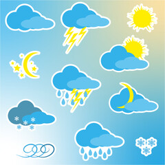 weather forecast icons, sun, storm, wind, rain, snow, moon, cloudy with clearing