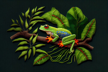 Embroidery of Green Tropical Frog on Branch in Forest