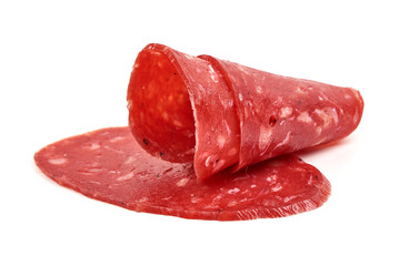 Spanish salchichon sausage, isolated on white background.