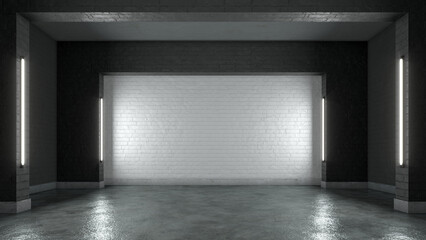 Empty interior with brick walls and concrete floor illuminated with lamps. 3d rendering