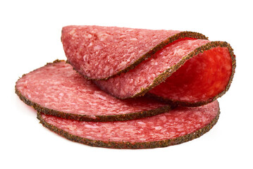 Sliced Salami with spices, isolated on white background.