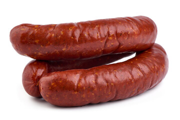 Smoked Pork sausages, close-up, isolated on white background.