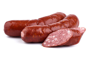Smoked Pork sausages, close-up, isolated on white background.