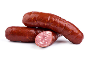 Smoked Pork sausages, close-up, isolated on white background.