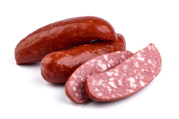 Smoked Pork sausages, close-up, isolated on white background.