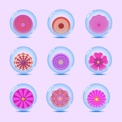 set of abstract purple flowers in glass ball on pink background. Isolated design element. Vector illustration