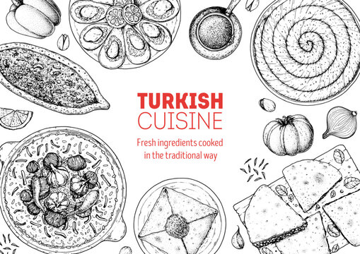 Turkish food top view vector illustration. Food menu design template. Hand drawn sketch. Turkish food menu. Vintage style. Midye dolma, Pide, Katmer, Gozleme, Pilaf, Borek.
