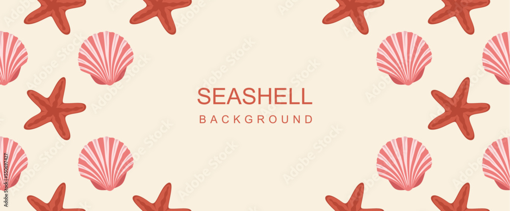 Poster seashell and starfish round frame. composition of scallop and starfish background. seashells pattern