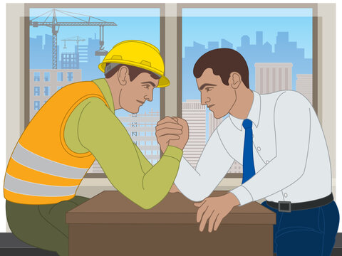 business man and trades man arm wrestling on desk, office window showing city skyline with buildings and cranes in background