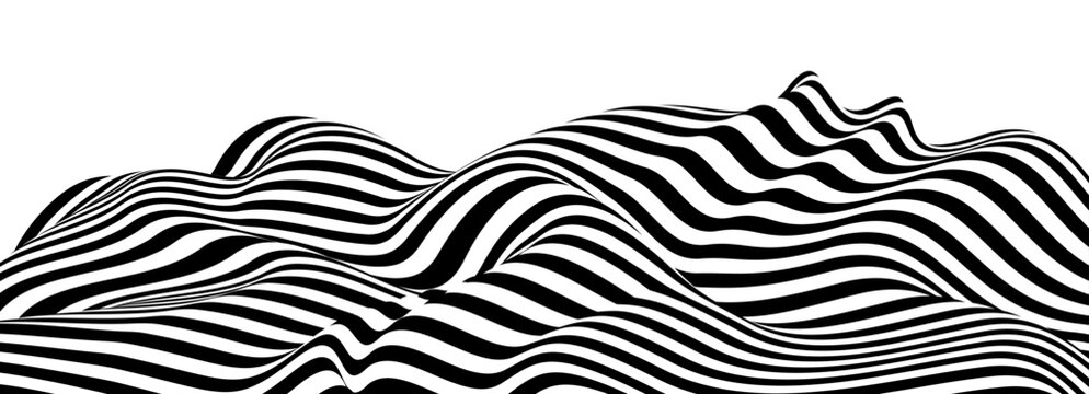 3D black and white lines in perspective abstract vector background, linear perspective terrain pattern op art.