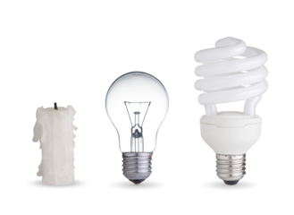 Candle, tungsten light bulb and fluorescent bulb Isolated
