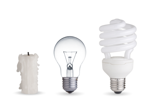 Candle, tungsten light bulb and fluorescent bulb Isolated