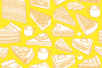 Seamless background with different pieces of cakes. Hand drawn vector drawing in orange lines of cheesecakes, cakes, cups of tea or coffee on a yellow background