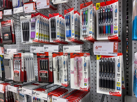 Seattle, WA USA - circa November 2022: View of highlighters and pens for sale inside a Staples store.