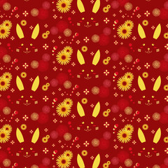 Seamless pattern for Chinese New Year rabbit with flowers on red background.  Holiday design wallpaper, greeting card, poster, banner, flyer, print, fabric,