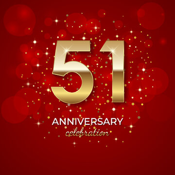 51th Anniversary. Golden number 51 with sparkling confetti and glitter for celebration events, weddings, invitations and greeting cards. Realistic 3d sign. Vector festive illustration