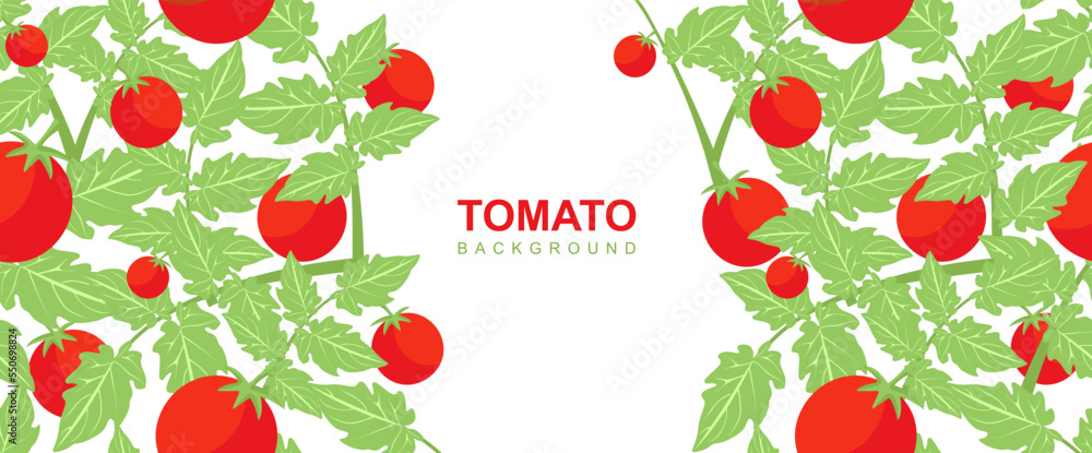 Aufkleber tomato background design with leaves. tomatoes frame with place for text. red ripe tomatoes with gre