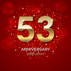 53th Anniversary. Golden number 53 with sparkling confetti and glitter for celebration events, weddings, invitations and greeting cards. Realistic 3d sign. Vector festive illustration