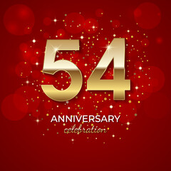 54th Anniversary. Golden number 54 with sparkling confetti and glitter for celebration events, weddings, invitations and greeting cards. Realistic 3d sign. Vector festive illustration - obrazy, fototapety, plakaty