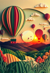 Hot Air Balloons in Air Over rolling Hills